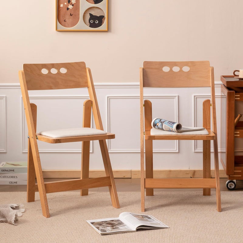 GTNSAFP Wooden Folding Chair with Soft Cushion, Simple and Stylish, Comfortable and Durable, Suitable for Weddings, banquets and Events, 2 Sets, high backrest Naturalï¼ŒLinen pad - Image 3