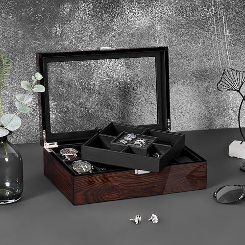 BEWISHOME Jewelry Box for Men, Mens Jewelry Box with Glass Top, Wooden Watch Box Organizer with Smooth Faux Leather Interior, Jewelry Display Case for Earrings Rings Bracelets Watches, Brown SSH07Y - Image 2