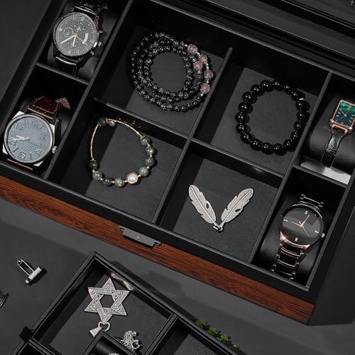 BEWISHOME Jewelry Box for Men, Mens Jewelry Box with Glass Top, Wooden Watch Box Organizer with Smooth Faux Leather Interior, Jewelry Display Case for Earrings Rings Bracelets Watches, Brown SSH07Y - Image 5