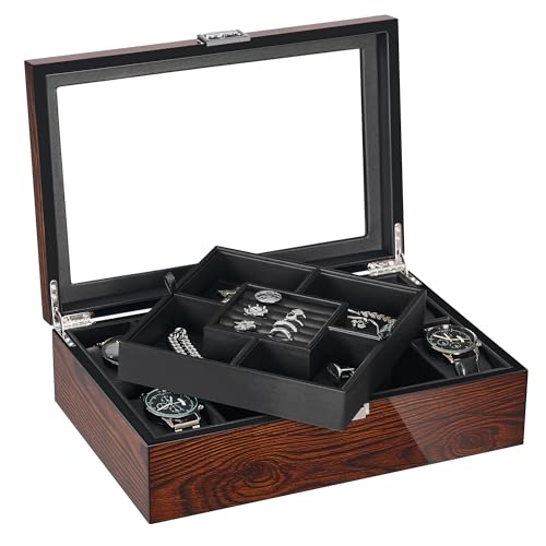 BEWISHOME Jewelry Box for Men, Mens Jewelry Box with Glass Top, Wooden Watch Box Organizer with Smooth Faux Leather Interior, Jewelry Display Case for Earrings Rings Bracelets Watches, Brown SSH07Y - Image 1