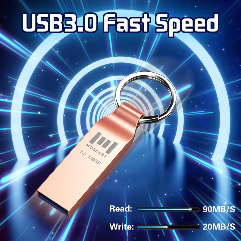 موس دارت محرك أقراص فلاش USB 3.0 سعة 128 جيجابايت، معدني مع حلقة مفاتيح، سرعة تصل إلى 90 ميجابايت/ثانية، محرك إبهام سريع، 128 جيجابايت مقاوم للماء، محرك أقراص USB 3.0، وردي ذهبي - Image 2