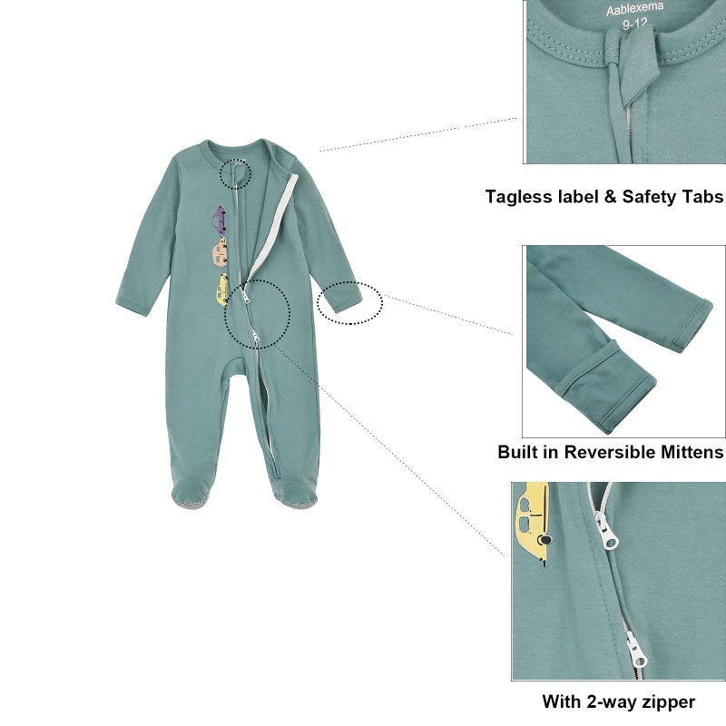 Aablexema Baby Footie Pajama with Mitten Cuffs, Double Zipper Infant Cotton clothes Sleeper Pjs, Footed Sleep Play(Car Style,9-12 Months) - Image 2