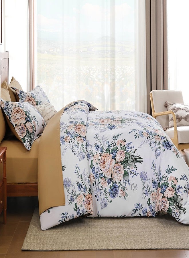 Anibedding طقم لحاف أنيبيدينج مكون من 7 قطع بنقشة زهور، مقاس كوين، مصنوع من ألياف دقيقة ناعمة باللونين الأزرق والبرتقالي، طقم لحاف مع ملاءات مناسب لجميع الفصول - Image 4