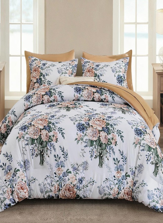 Anibedding طقم لحاف أنيبيدينج مكون من 7 قطع بنقشة زهور، مقاس كوين، مصنوع من ألياف دقيقة ناعمة باللونين الأزرق والبرتقالي، طقم لحاف مع ملاءات مناسب لجميع الفصول - Image 1