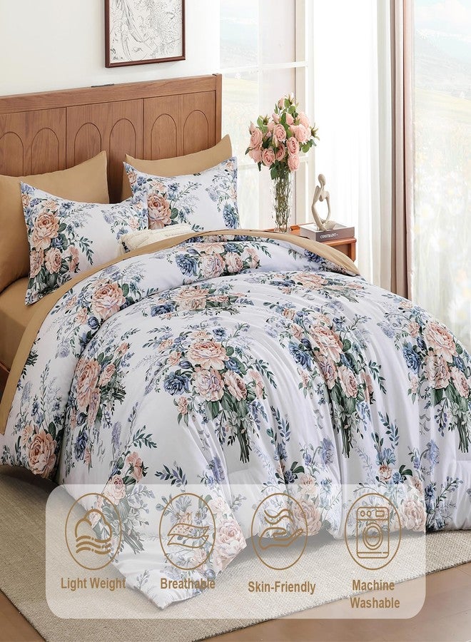 Anibedding طقم لحاف أنيبيدينج مكون من 7 قطع بنقشة زهور، مقاس كوين، مصنوع من ألياف دقيقة ناعمة باللونين الأزرق والبرتقالي، طقم لحاف مع ملاءات مناسب لجميع الفصول - Image 3