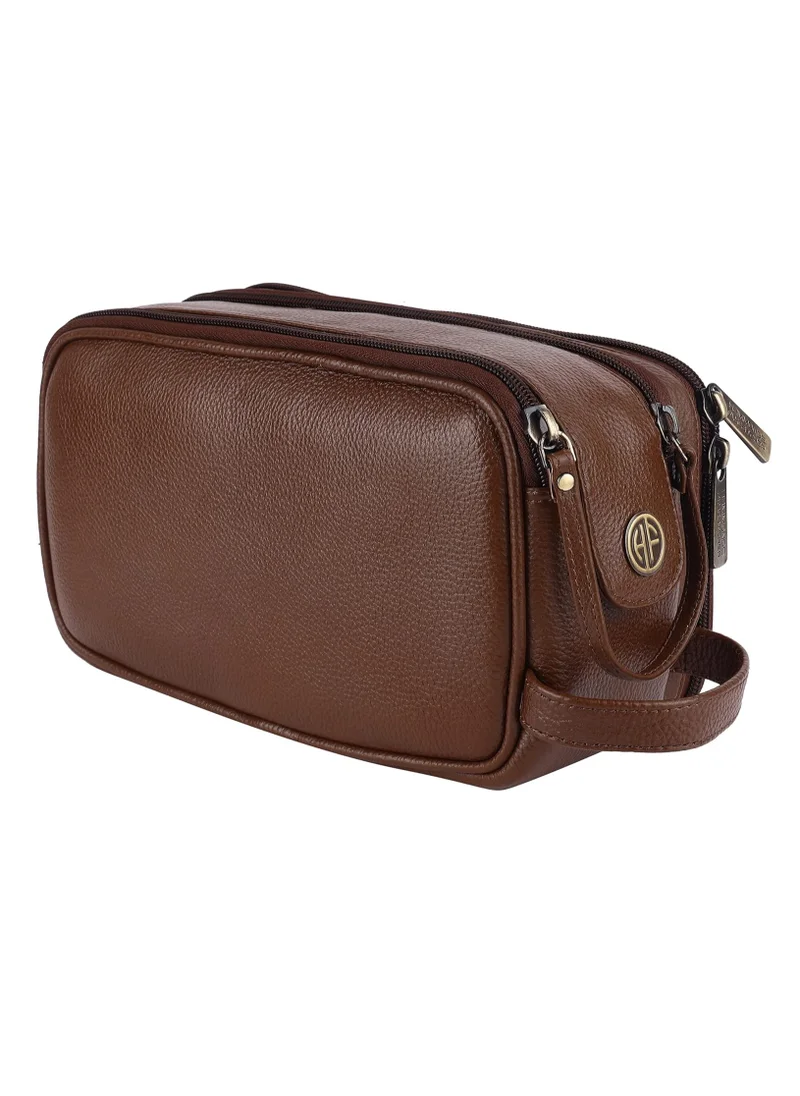 HAMMONDS FLYCATCHER Genuine Leather Toiletry Bag Unisex-Travel Organizer with Multiple Compartments,Brushwood Kit Bag for Shaving,Toiletries,and Grooming-Shaving Bag for Men,13.5 CM Brown  | L3HG