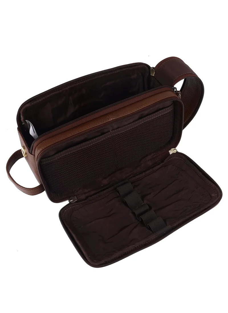 HAMMONDS FLYCATCHER Genuine Leather Toiletry Bag Unisex-Travel Organizer with Multiple Compartments,Brushwood Kit Bag for Shaving,Toiletries,and Grooming-Shaving Bag for Men,13.5 CM Brown  | L3HG