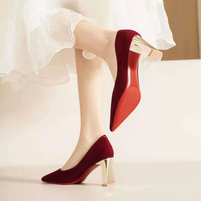 Pumps Pointed Toe Block Heels Velvet Black Comfortable Women's Shoes - Image 2