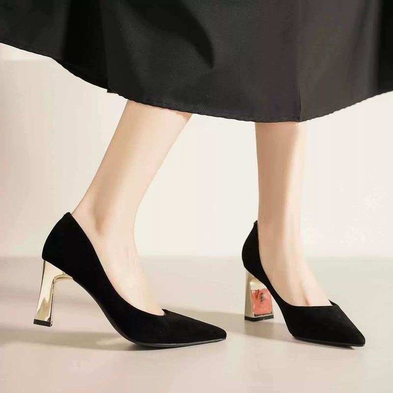 Pumps Pointed Toe Block Heels Velvet Black Comfortable Women's Shoes - Image 4