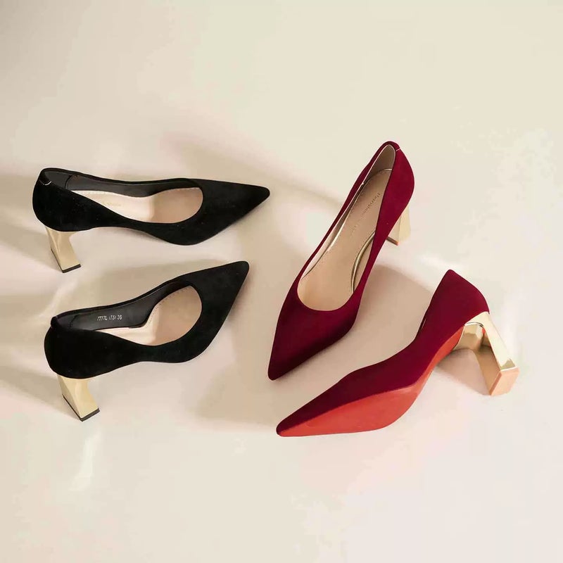 Pumps Pointed Toe Block Heels Velvet Black Comfortable Women's Shoes - Image 3