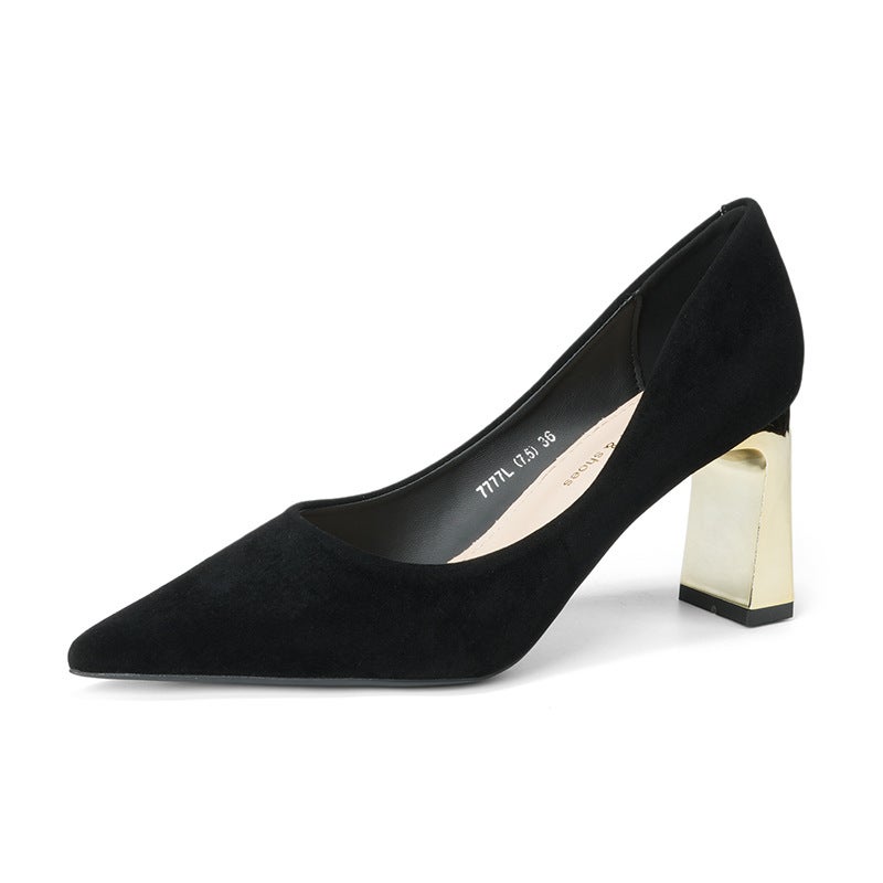 Pumps Pointed Toe Block Heels Velvet Black Comfortable Women's Shoes - Image 1