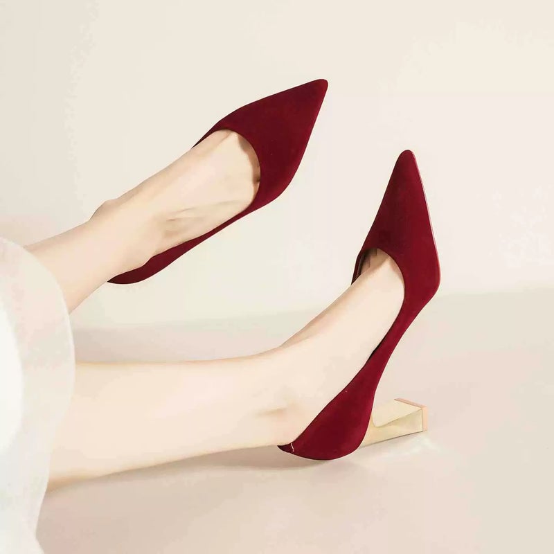 Pumps Pointed Toe Block Heels Velvet Black Comfortable Women's Shoes - Image 5