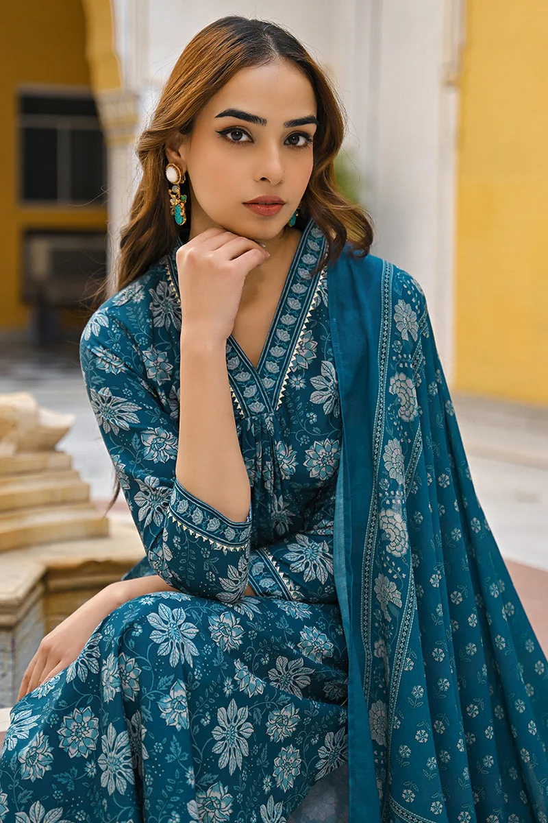 Blue Rayon Blend Floral Printed Straight 3-Piece Kurta Set