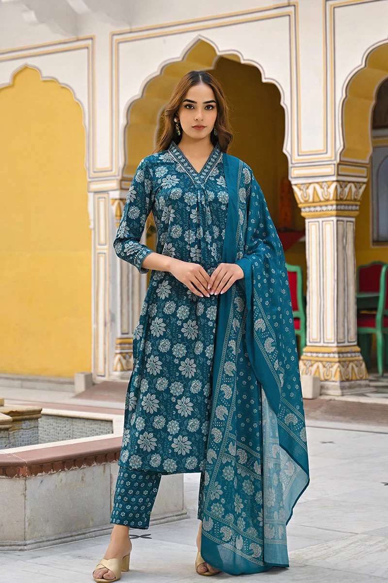 ZERESOUQ Blue Rayon Blend Floral Printed Straight 3-Piece Kurta Set