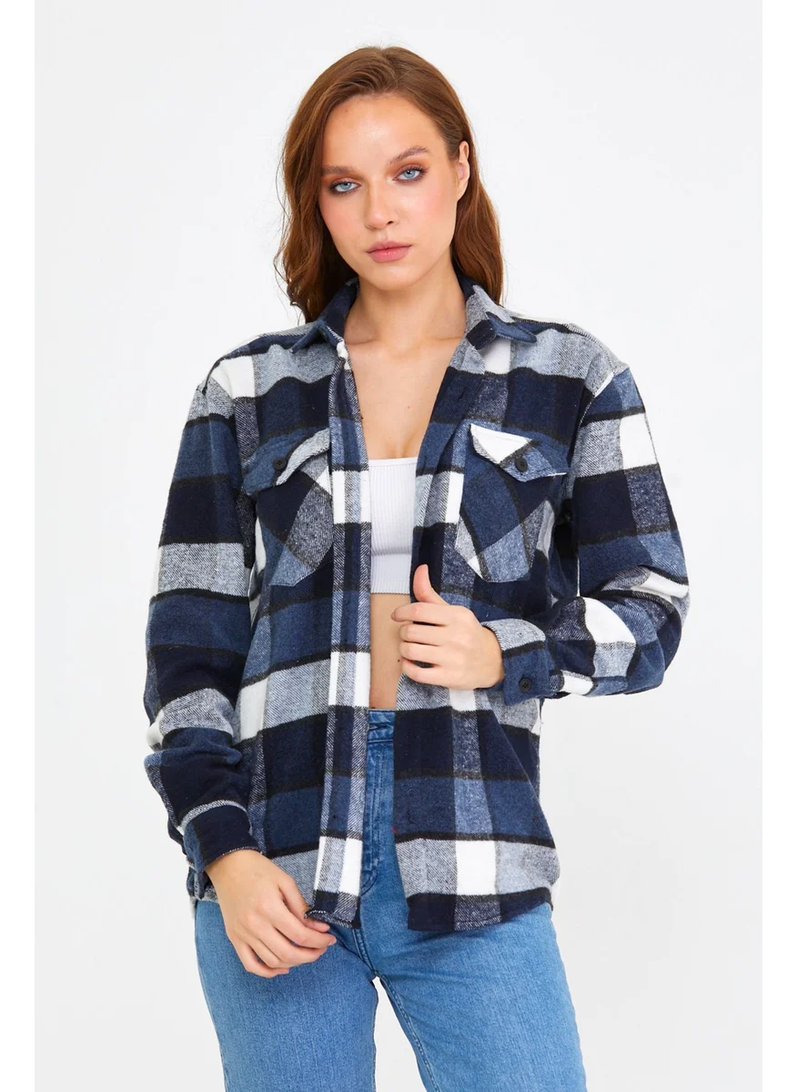 Cool Tarz Cool Style Blue Women's Slim Fit Button-down Collar Double Pocket Lumberjack Plaid Shirt