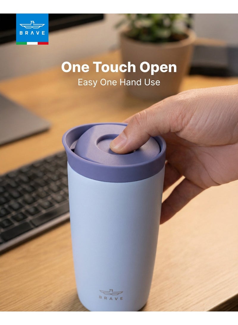 Brave 350ml Stainless Steel Tumbler | 12oz Insulated Coffee Cup | Iced Coffee Travel Mug | Hot Coffee Travel Mug | Double Wall Vacuum Insulated Thermos | Leakproof One-Touch Push Button Lid | Reusable Thermal Cup | BPA Free | Hot & Cold Drinks | Keeps Hot 8 Hours Cold 24 Hours | Coffee Tea Water Tumbler | Purple - Image 2