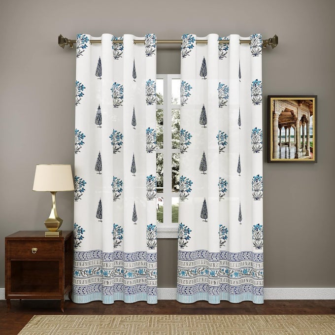 HAND BLOCK PRINTED COTTON LINEN DAYLIGHT DOOR CURTAIN STYLE 3 7 FEETSEMI SHEER GROMMET MULTICOLOR