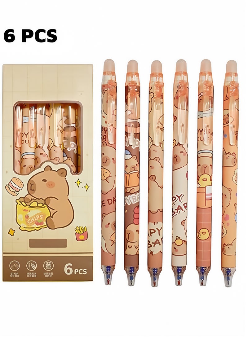 6 Pcs Erasable Pens 0.5mm,  Cute Animal Cartoon Capibara Design，Writing Pen for Gilrs Boys School Office School Supplies(Blue) - Image 1