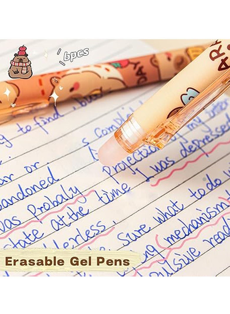 6 Pcs Erasable Pens 0.5mm,  Cute Animal Cartoon Capibara Design，Writing Pen for Gilrs Boys School Office School Supplies(Blue) - Image 5