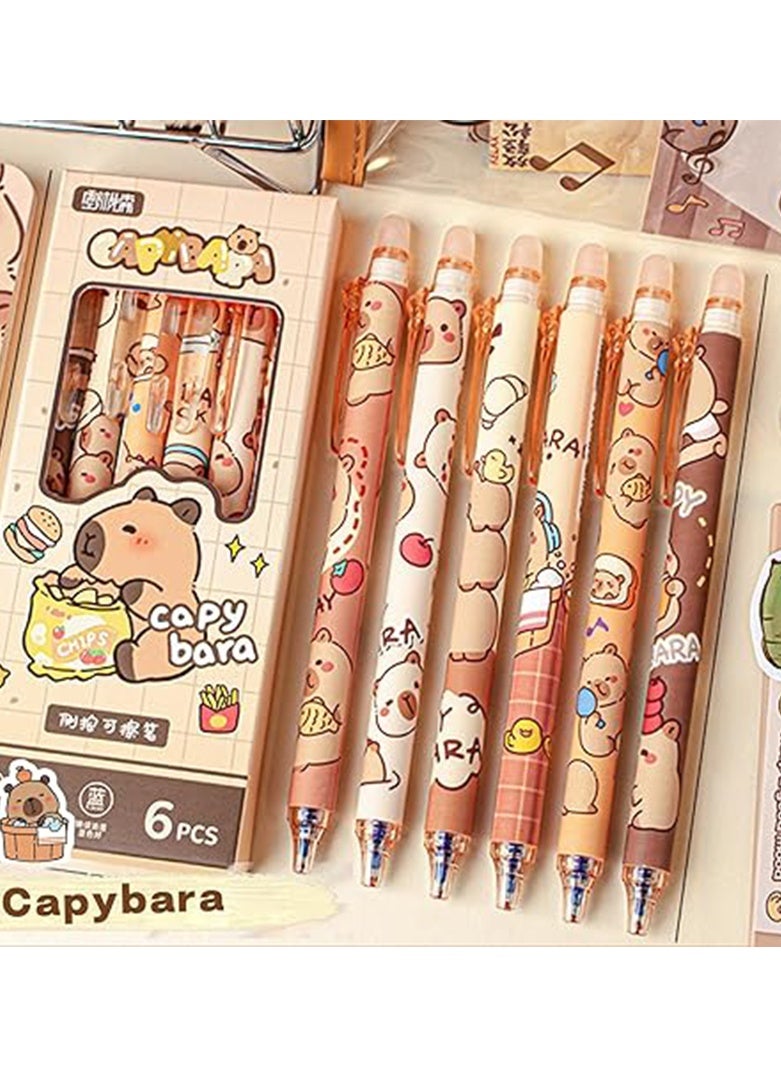 6 Pcs Erasable Pens 0.5mm,  Cute Animal Cartoon Capibara Design，Writing Pen for Gilrs Boys School Office School Supplies(Blue) - Image 3