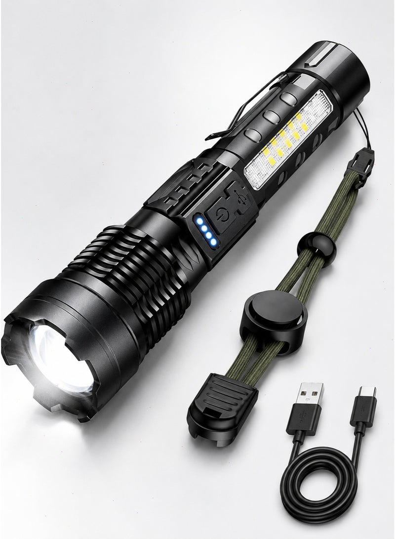 مصباح يدوي LED قابل لإعادة الشحن مزود بإضاءة جانبية من نوع COB، و7 أوضاع، وشحن عبر منفذ USB-C، وشاشة عرض لمستوى الطاقة، وشعاع قابل للتكبير - Image 1