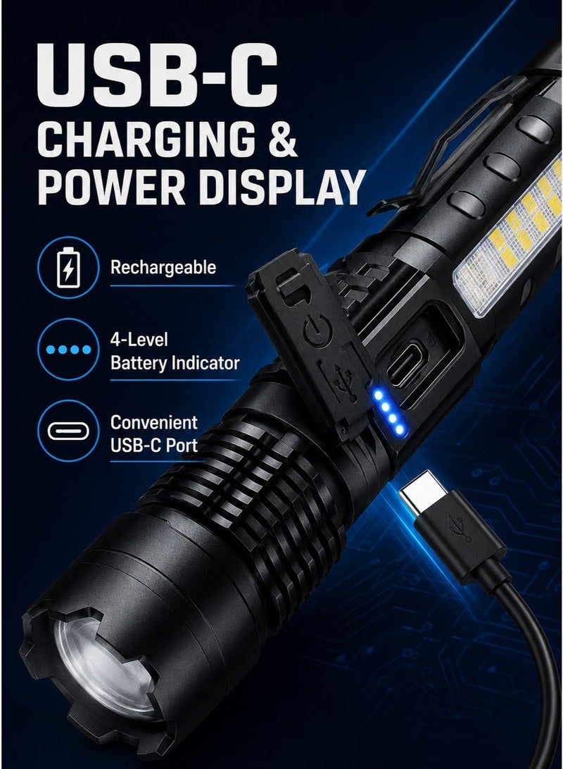مصباح يدوي LED قابل لإعادة الشحن مزود بإضاءة جانبية من نوع COB، و7 أوضاع، وشحن عبر منفذ USB-C، وشاشة عرض لمستوى الطاقة، وشعاع قابل للتكبير - Image 4