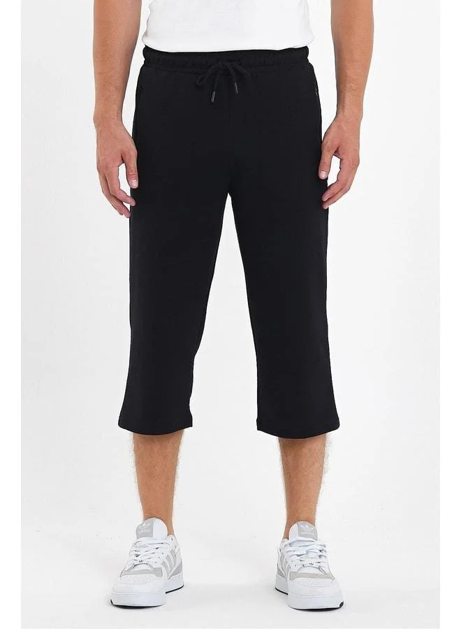 Men's Black Bermuda Knee-Length Shorts with Zippered Pockets and Adjustable Elastic Waist