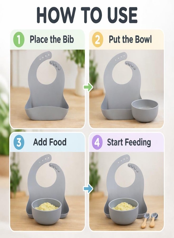Goyal's Goyal’s Silicone Baby Feeding Set – BPA Free Food Grade Toddler Set with Suction Bowl, Spoon & Fork, Waterproof Adjustable Bib (Grey) - Image 3