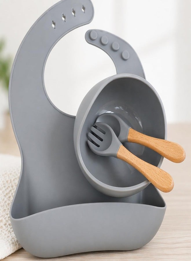 Goyal's Goyal’s Silicone Baby Feeding Set – BPA Free Food Grade Toddler Set with Suction Bowl, Spoon & Fork, Waterproof Adjustable Bib (Grey) - Image 1
