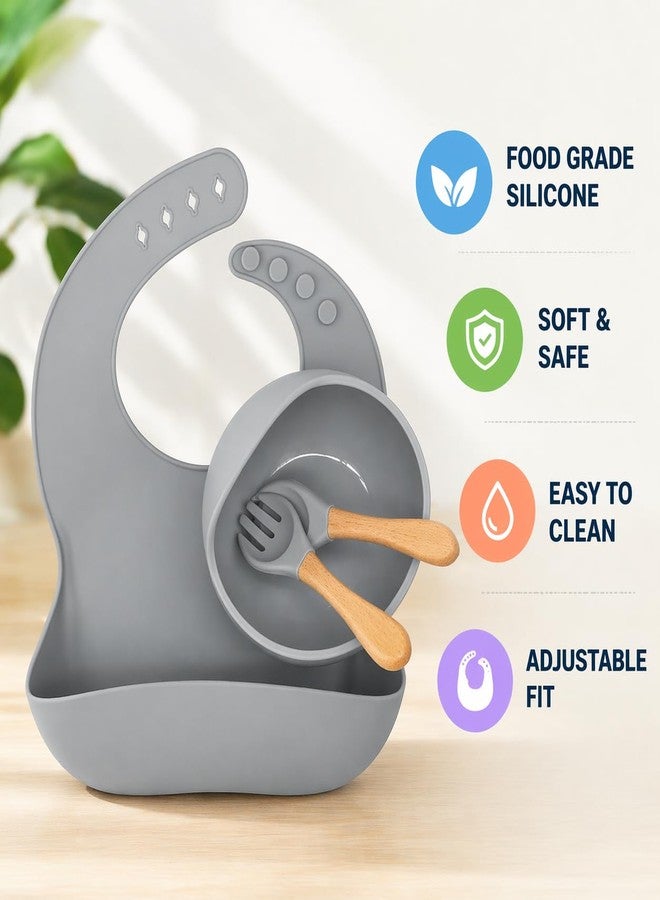 Goyal's Goyal’s Silicone Baby Feeding Set – BPA Free Food Grade Toddler Set with Suction Bowl, Spoon & Fork, Waterproof Adjustable Bib (Grey) - Image 4