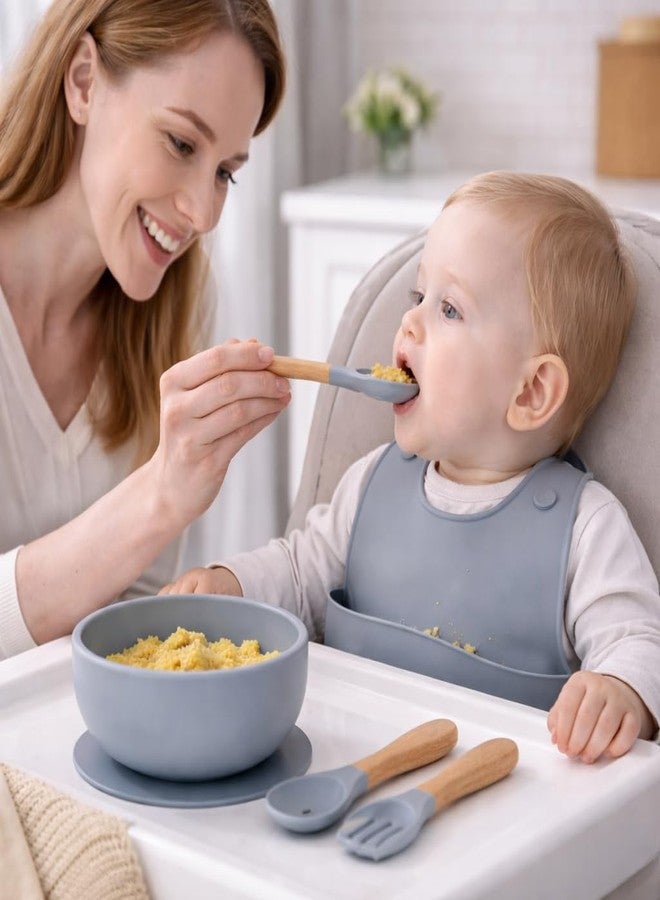 Goyal's Goyal’s Silicone Baby Feeding Set – BPA Free Food Grade Toddler Set with Suction Bowl, Spoon & Fork, Waterproof Adjustable Bib (Grey) - Image 2