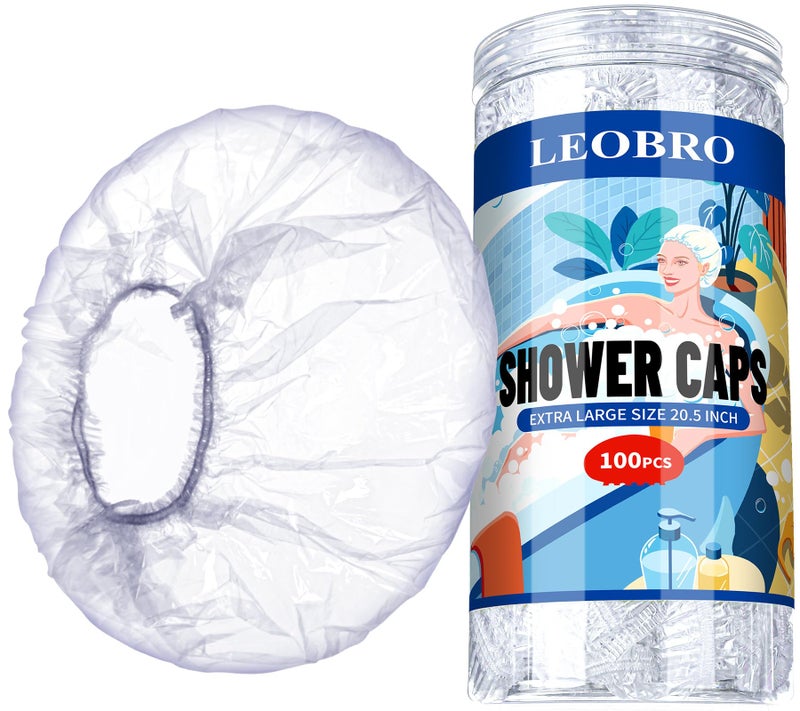 LEOBRO Extra Large Disposable Shower Cap 100PCS Shower Cap Plastic Shower Caps for Women Disposable Clear Thick Plastic Caps for Hair Treatment Extra Large Size 205 INCH