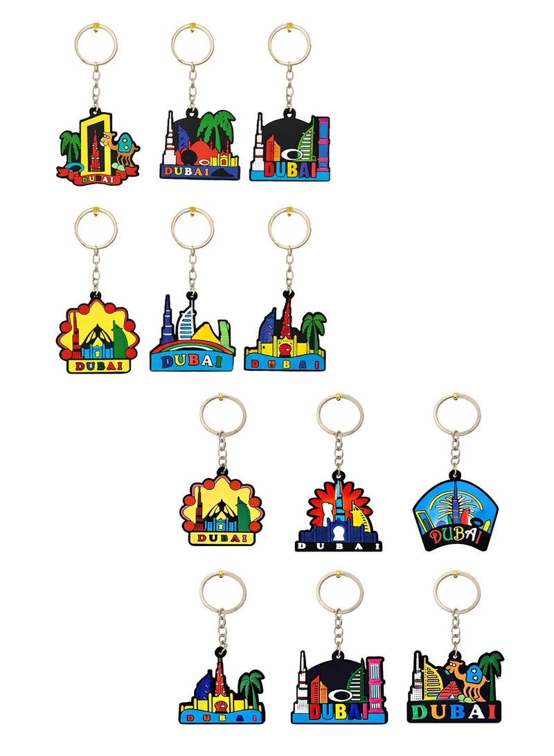 Souvenir Souq 12 pcs Multicolor PVC keychains made from soft, durable rubber with vibrant Iconic Dubai Skylines —perfect souvenirs, gifts, or everyday accessories & party Favours. - Image 1