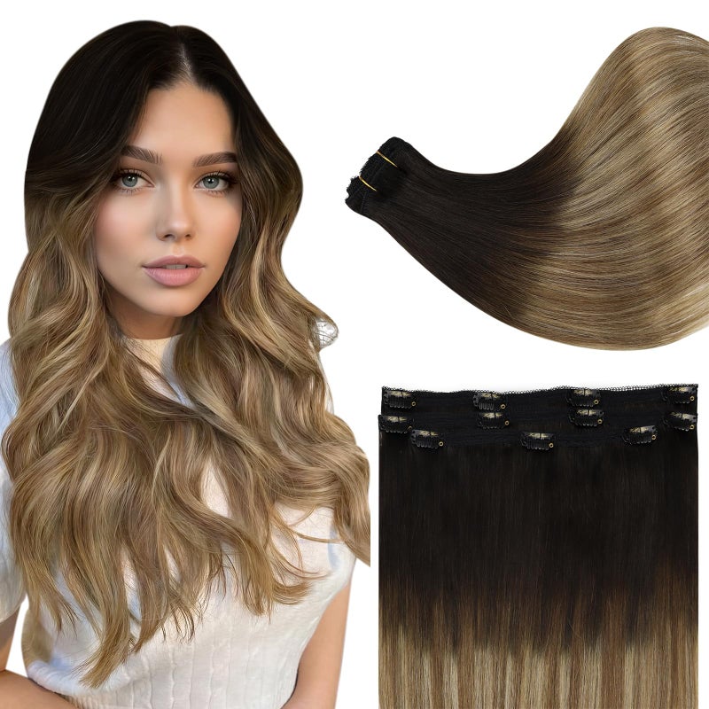 Full Shine Clip in Hair Extensions Human Hair Black Roots Hair Clip in Extensions Balayage Remy Hair Ombre Brown with Honey Blonde Straight Clip ins Ease of Use 3 PCS 60 G