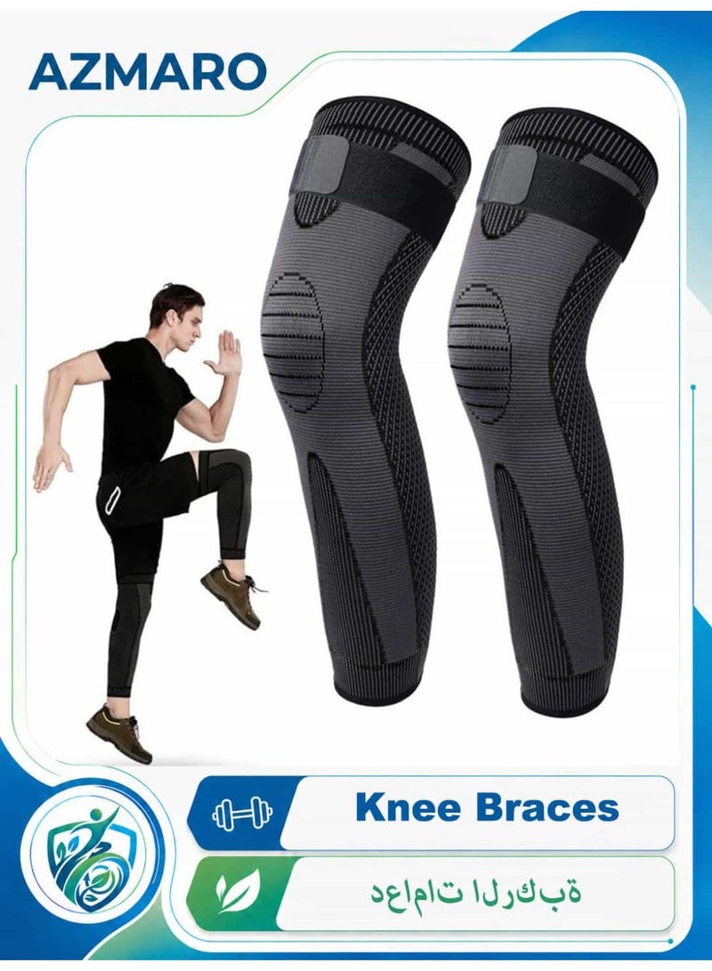 AZMARO 2PCS Long Knee Brace with Adjustable Straps, Full Leg Compression Sleeve Anti-Slip Breathable Knee Support for Men & Women, Pain Relief for Arthritis & Joint Pain, Sports Knee Pads for Running, Gym - Image 1