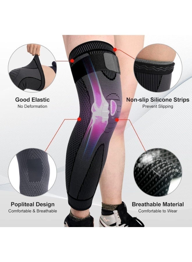 AZMARO 2PCS Long Knee Brace with Adjustable Straps, Full Leg Compression Sleeve Anti-Slip Breathable Knee Support for Men & Women, Pain Relief for Arthritis & Joint Pain, Sports Knee Pads for Running, Gym - Image 2