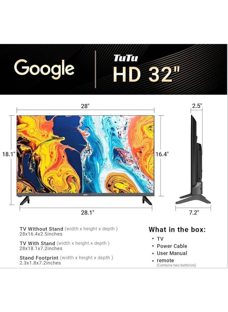 TuTu TV تلفاز ذكي HD مقاس 32 بوصة، تلفاز جوجل مرخص أصلي، مزود بجهاز استقبال مدمج، تلفاز جوجل مع Chromecast مدمج ومساعد جوجل، تحكم صوتي بدون استخدام اليدين، صوت دولبي، HDR10 وتقنية التعتيم الدقيق، تصميم بلا حواف. G32QF أسود - Image 2