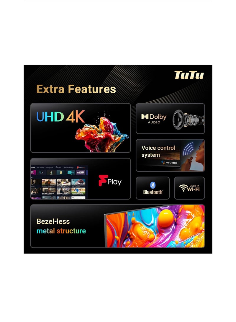 TuTu TV تلفاز ذكي HD مقاس 32 بوصة، تلفاز جوجل مرخص أصلي، مزود بجهاز استقبال مدمج، تلفاز جوجل مع Chromecast مدمج ومساعد جوجل، تحكم صوتي بدون استخدام اليدين، صوت دولبي، HDR10 وتقنية التعتيم الدقيق، تصميم بلا حواف. G32QF أسود - Image 4