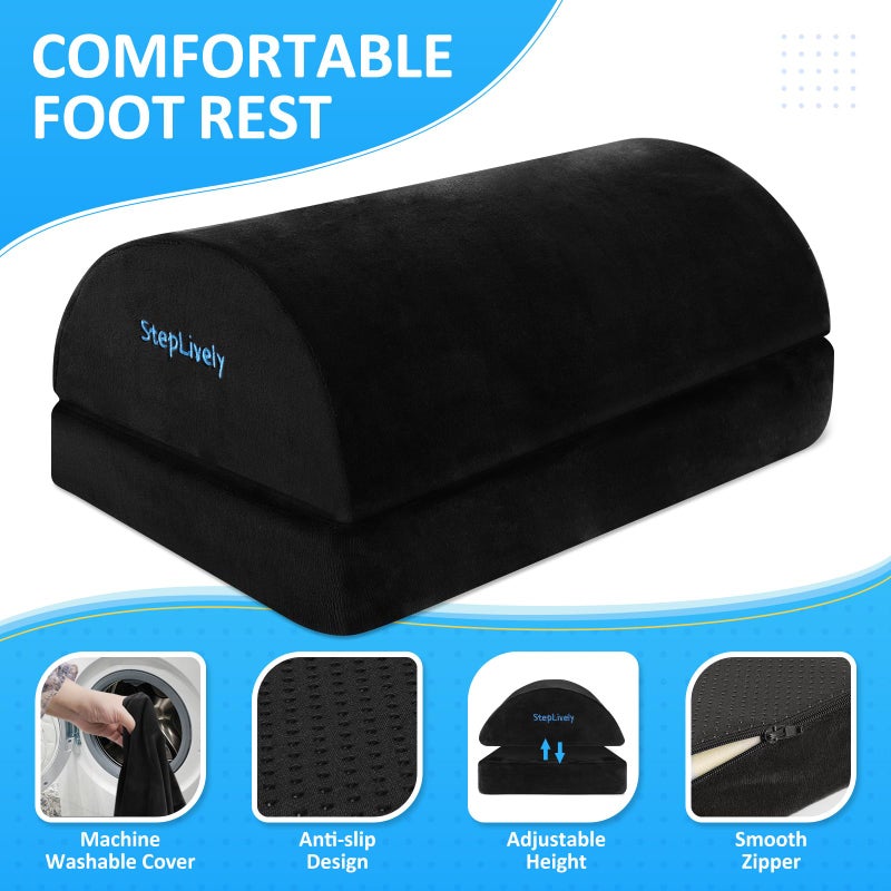 StepLively Foot Rest for Under Desk at Work, Comfortable Foot Stool with 2 Adjustable Heights, Footrest with Washable Cover, for Back & Hip Pain Relief, Suitable for Office, Home and Car (Black) - Image 2