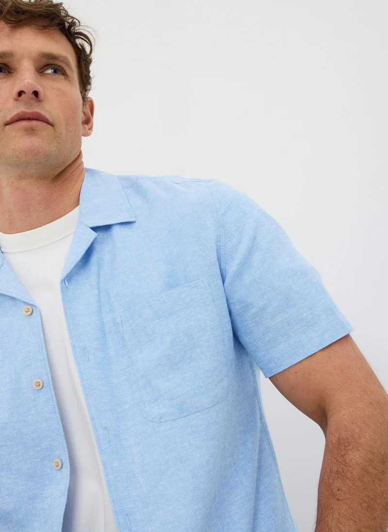 ماتلان Blue Linen Blend Revere Short Sleeve Shirt