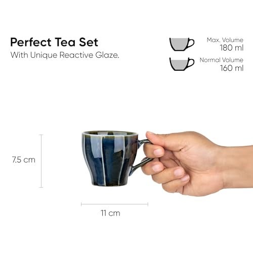 Shay Ceramic Tea Cups Set of 6, Blue,180ml | Tea Cup Set of 6 | Glossy Finish | Premium Porcelain | Tea Set | Ceramic Tea Cup | Small Cups for Tea (Line Tea Cup Only - Blue) - Image 3
