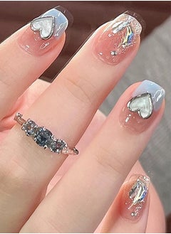 24Pcs Fake Nails, Press Nails In Box,Short-length Flat head shaped Solid Pink Blue Color Shiny Nail Art,Zircon Love Heart Fake Nail Patch