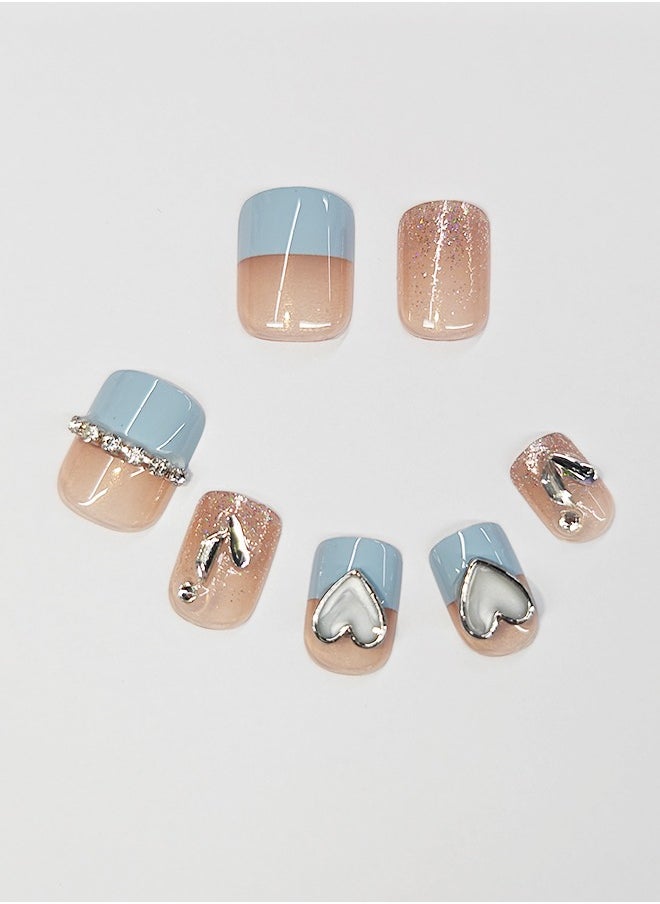 NIBEMINENT - 24Pcs Fake Nails, Press Nails In Box,Short-length Flat head shaped Solid Pink Blue Color Shiny Nail Art,Zircon Love Heart Fake Nail Patch - Image 1