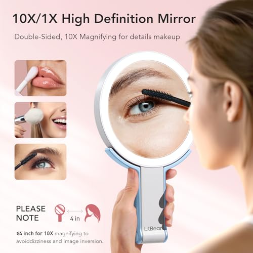 LitBear Travel Makeup Mirror with Lights, Rechargeable Double-Sided 10X/1X Magnifying Mirror, Portable Lighted Beauty Mirror, 3 Color Lighting, Dimmable Touch Screen, Tabletop Handhold Hanging (Blue) - Image 3