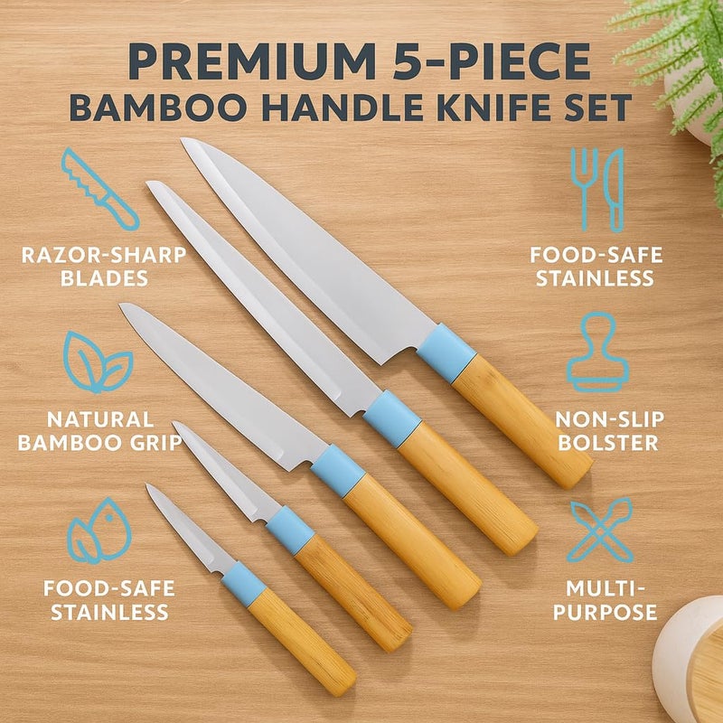 Chef Knife Set 5 Pcs Stainless Steel Kitchen Knives With Stand Sharp Cutlery Set With Strong Handles For Home Cooking Food Prep Meat Vegetable Bread Slicing Chopping Tools (Blue) - Image 2