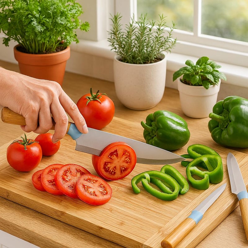 Chef Knife Set 5 Pcs Stainless Steel Kitchen Knives With Stand Sharp Cutlery Set With Strong Handles For Home Cooking Food Prep Meat Vegetable Bread Slicing Chopping Tools (Blue) - Image 5