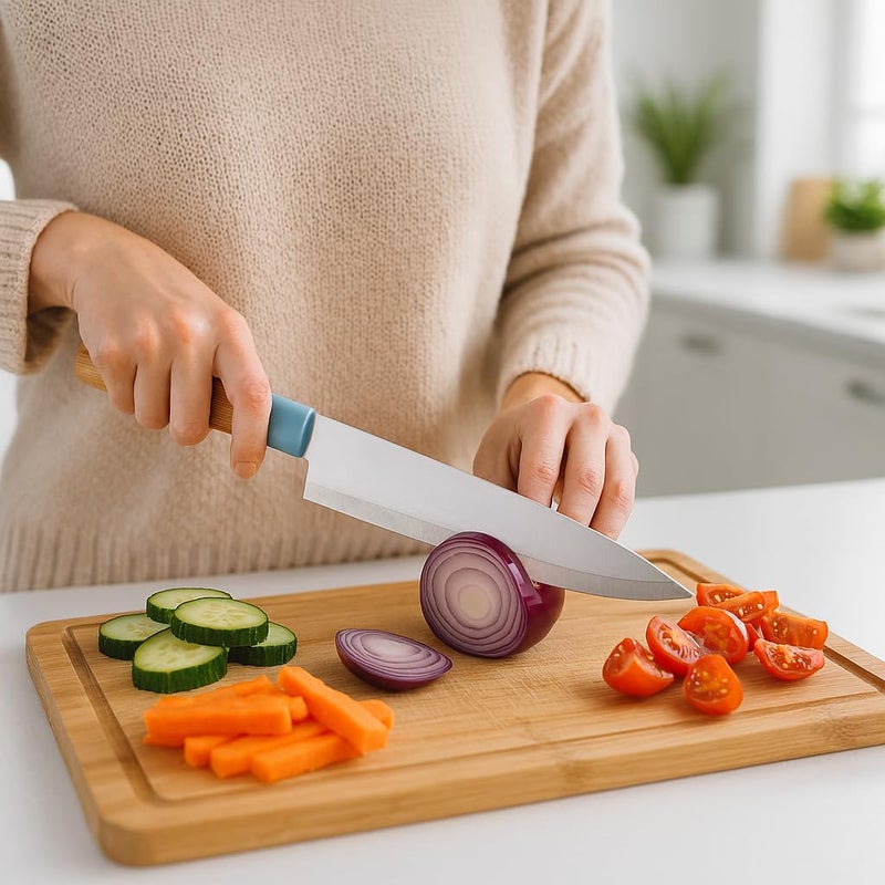 Chef Knife Set 5 Pcs Stainless Steel Kitchen Knives With Stand Sharp Cutlery Set With Strong Handles For Home Cooking Food Prep Meat Vegetable Bread Slicing Chopping Tools (Blue) - Image 3