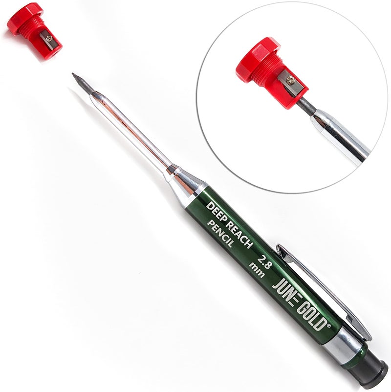 June Gold 2.8 mm Deep Reach Metal Carpenter Pencil, 36 Colored Refills, 6 Colors, 40 mm reach, 6 mm width, Built-in Sharpener, Construction, Shop, Glass, Machine, Indoor, and Outdoor - Image 3