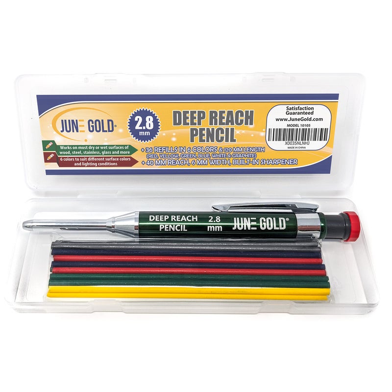 June Gold 2.8 mm Deep Reach Metal Carpenter Pencil, 36 Colored Refills, 6 Colors, 40 mm reach, 6 mm width, Built-in Sharpener, Construction, Shop, Glass, Machine, Indoor, and Outdoor - Image 2