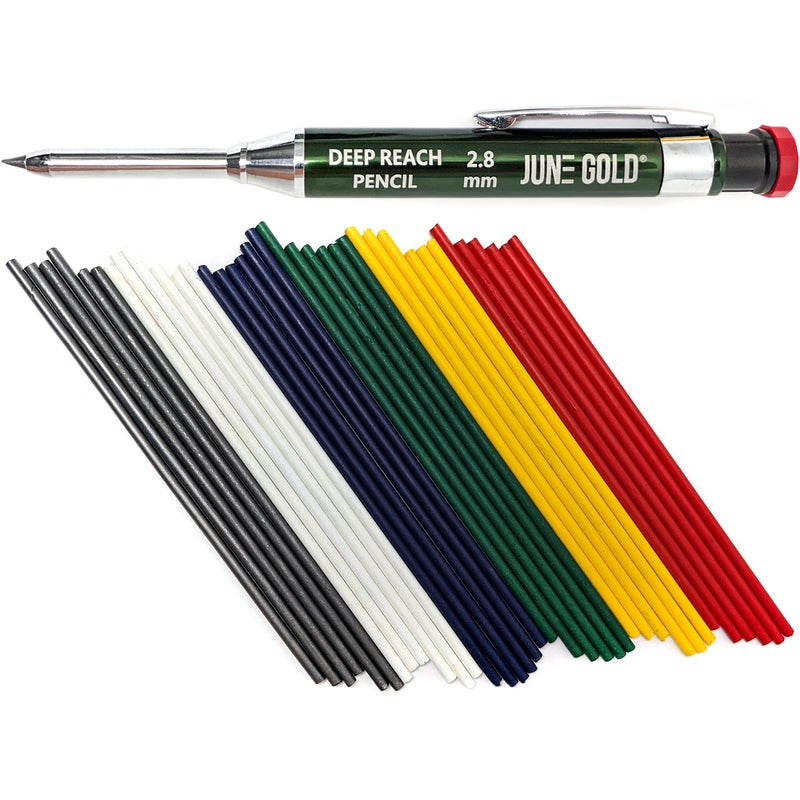 June Gold 2.8 mm Deep Reach Metal Carpenter Pencil, 36 Colored Refills, 6 Colors, 40 mm reach, 6 mm width, Built-in Sharpener, Construction, Shop, Glass, Machine, Indoor, and Outdoor - Image 1